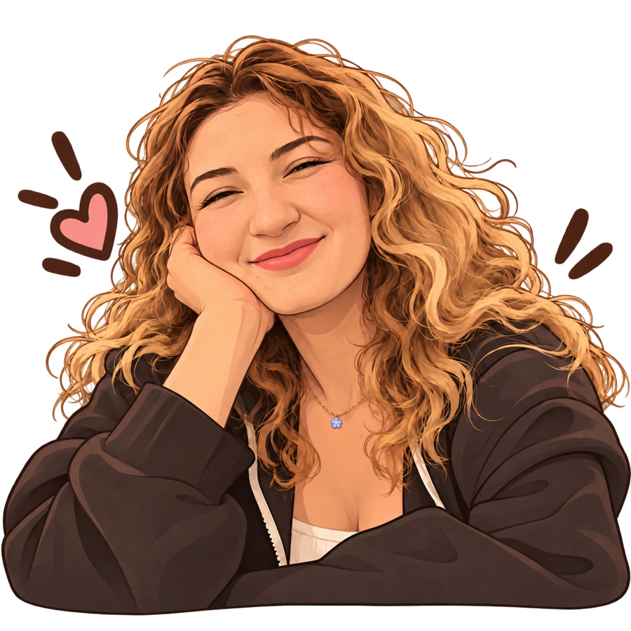 İpek smiling, surrounded by little heart doodles